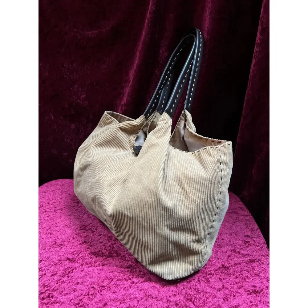 Vintage Moda International Corduroy Shoulder Bag - Tan Cotton Brown PVC Tote